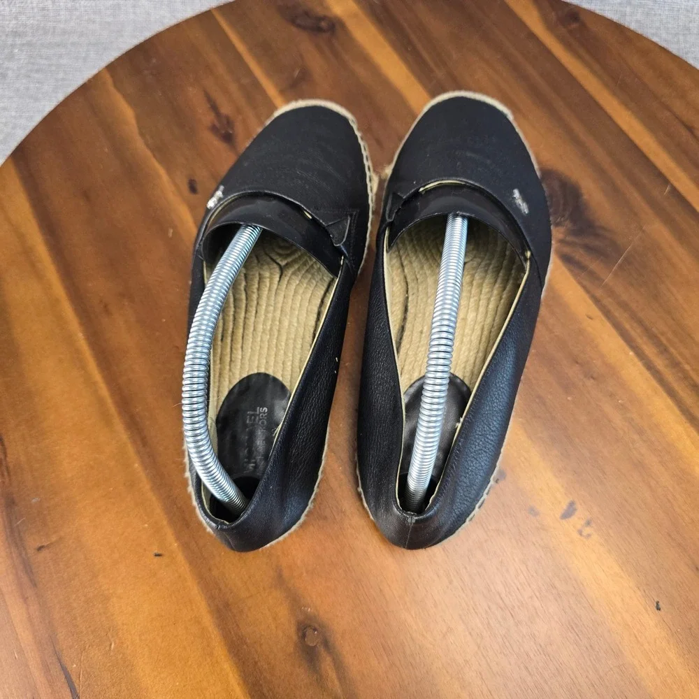 Michael Kors Black Leather Espadrille Flats MK Logo Slip On Shoes Womens 7M